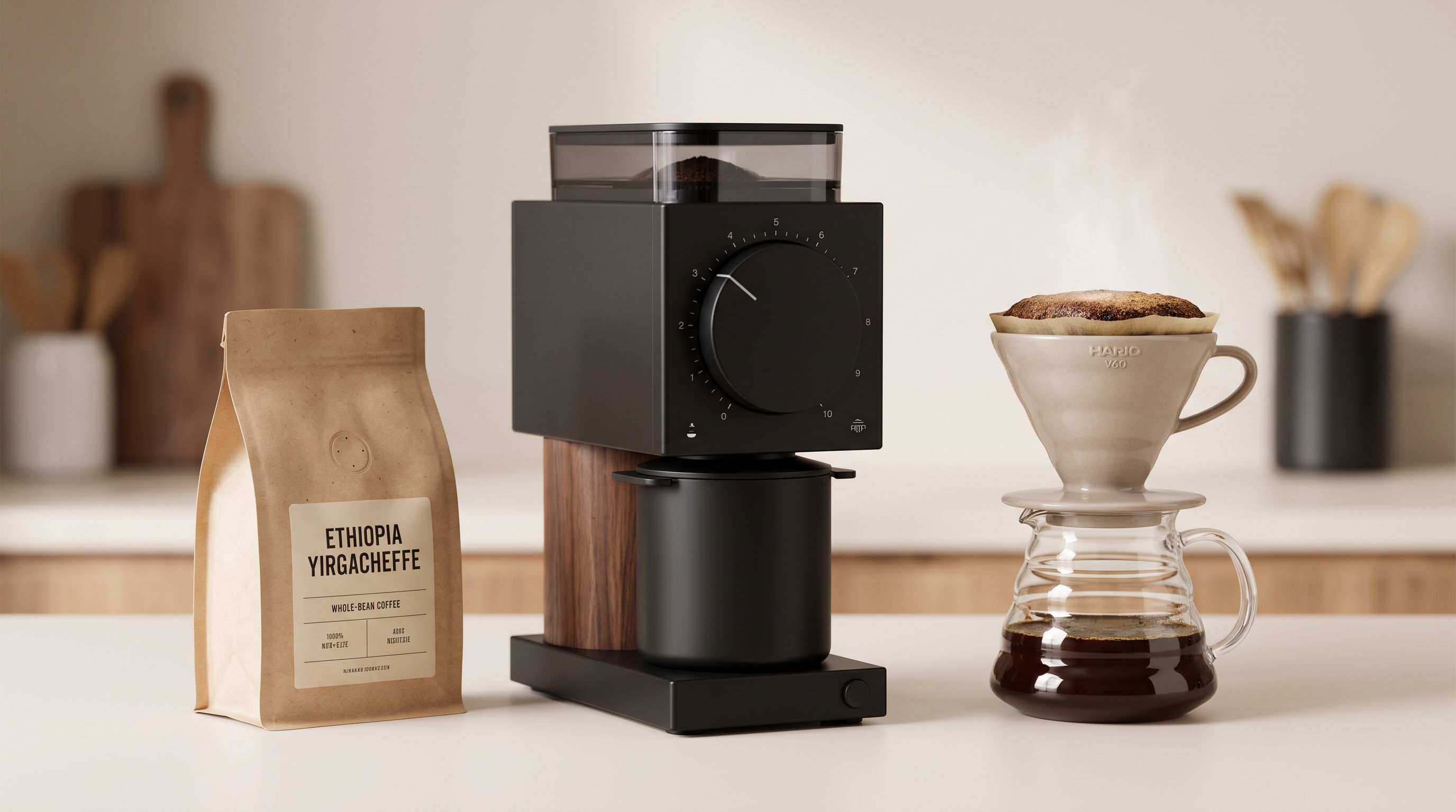 A conical burr coffee grinder on a kitchen counter beside a bag of whole-bean coffee and a pour-over dripper full of fresh grounds