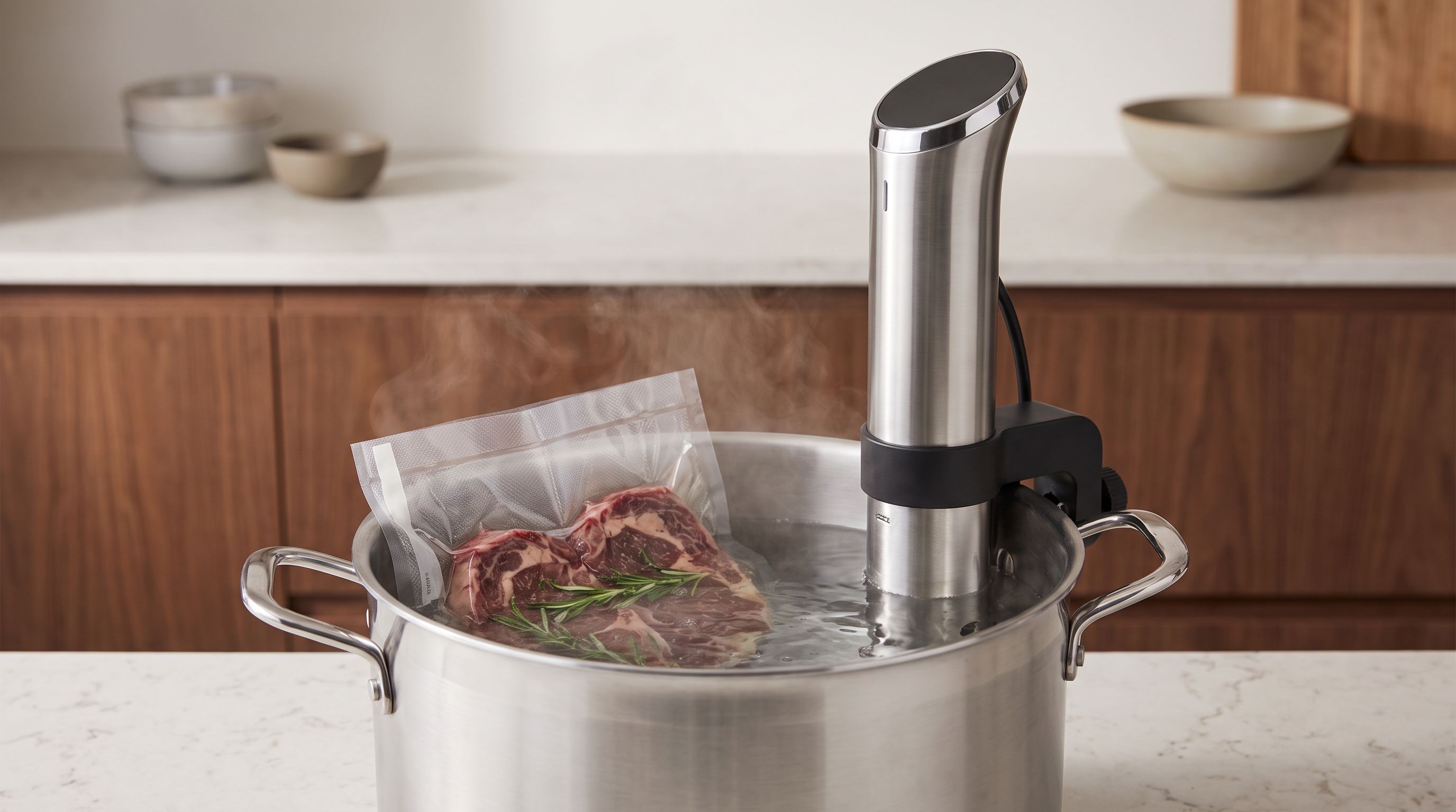 An immersion circulator clamped to the side of a stainless steel stockpot filled with water and vacuum-sealed steaks, steam rising in a home kitchen