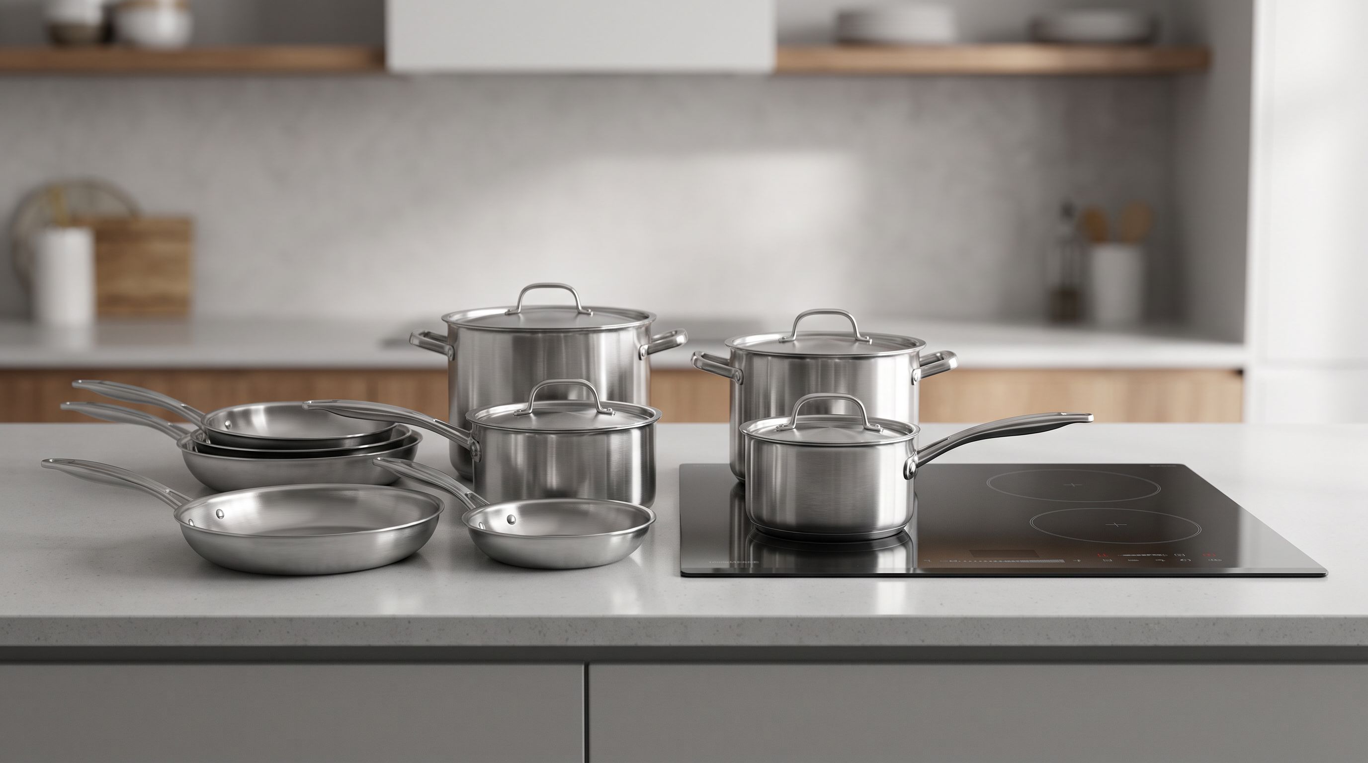 A fully-clad stainless steel cookware set with skillets, saucepans and a stockpot arranged on a kitchen counter next to an induction cooktop