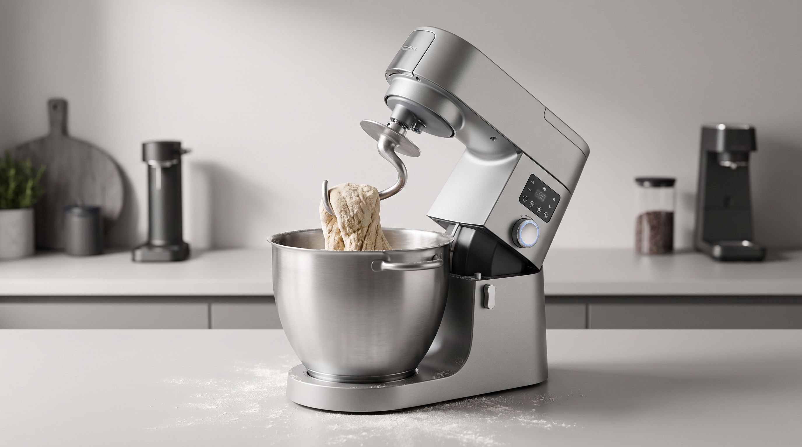 A tilt-head planetary stand mixer with a spiral dough hook working a stiff bread dough in a stainless steel bowl on a kitchen counter