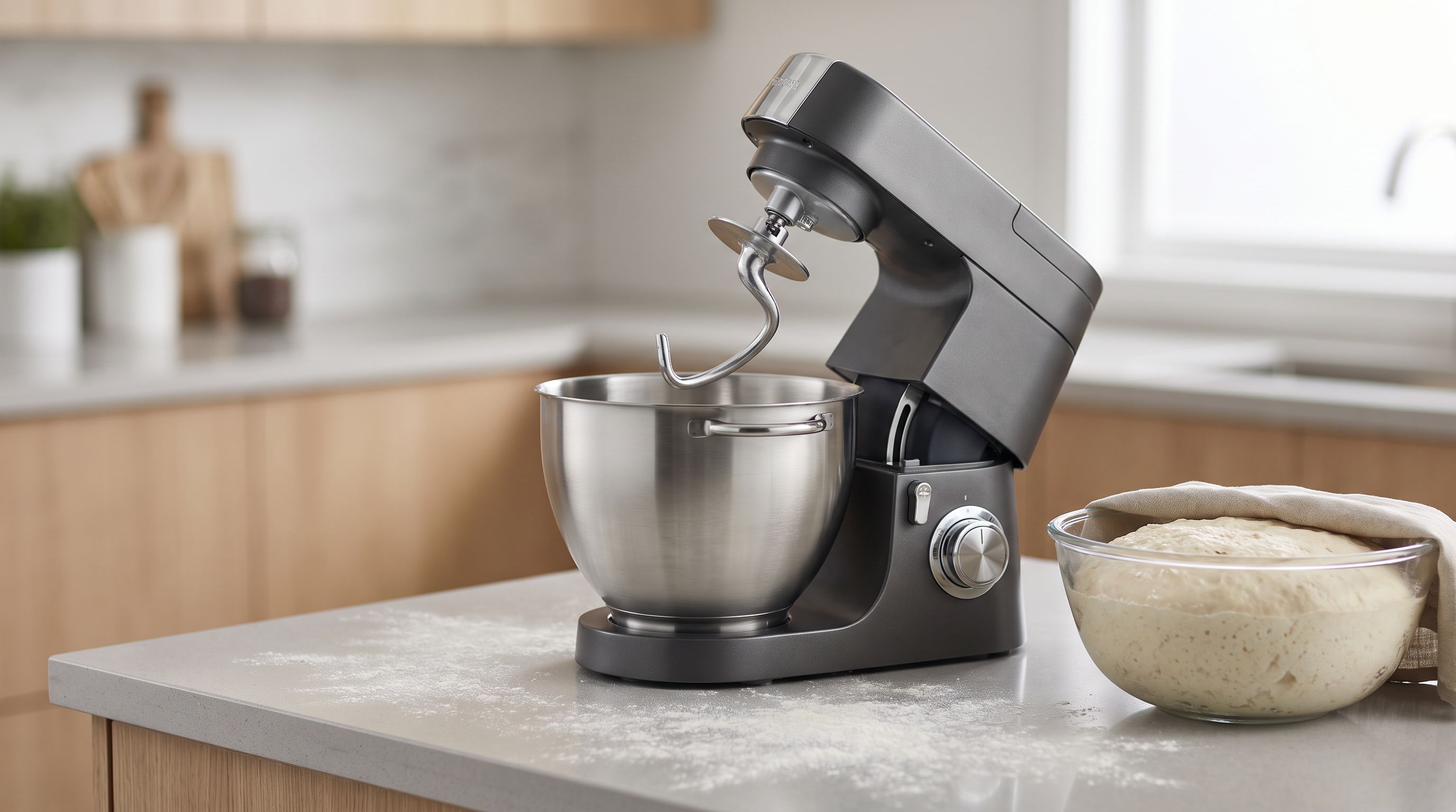 A tilt-head stand mixer with a stainless steel bowl and dough hook on a flour-dusted kitchen counter, next to a proofing bowl of bread dough