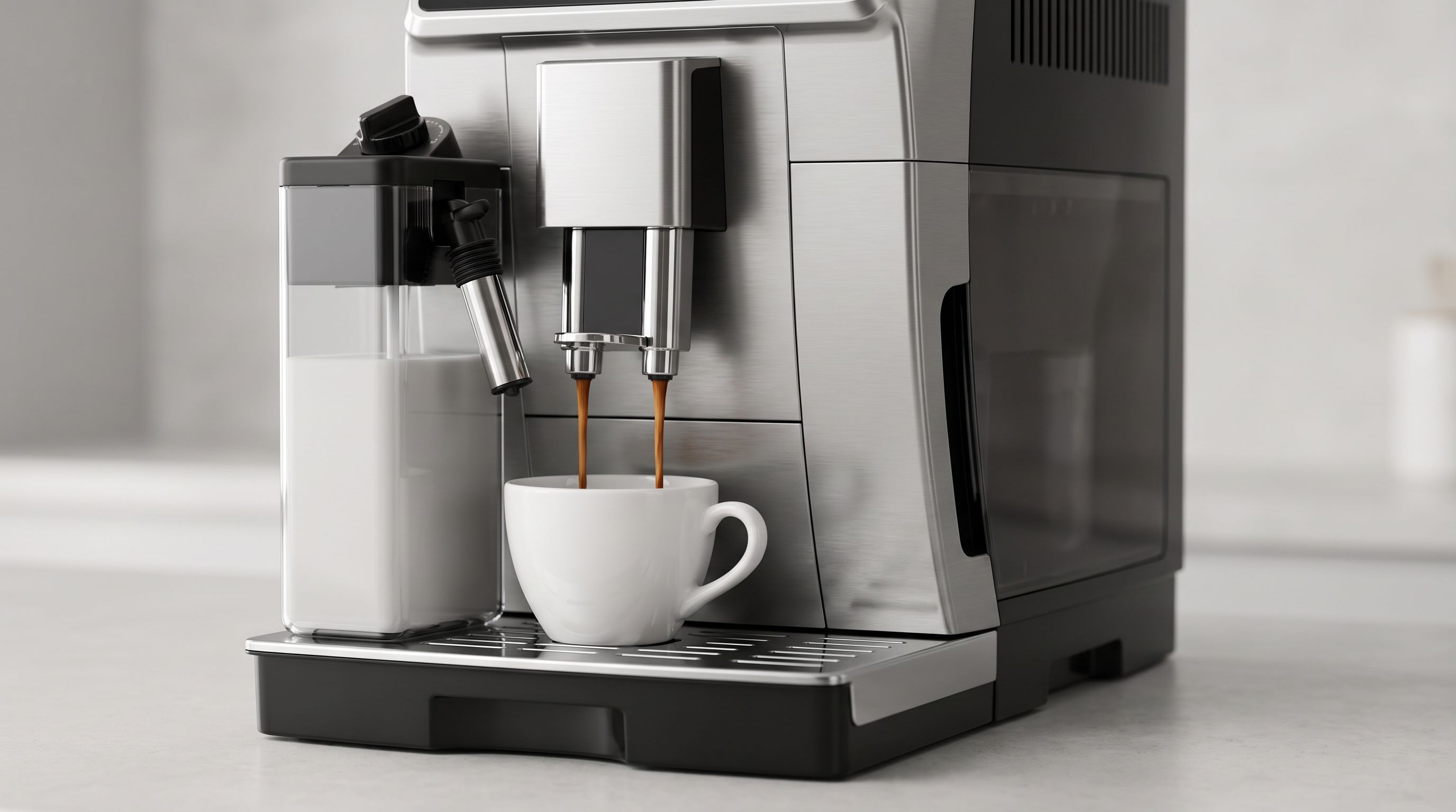 A bean-to-cup super-automatic espresso machine dispensing a double espresso into a white cup, with a milk carafe attached on the left side
