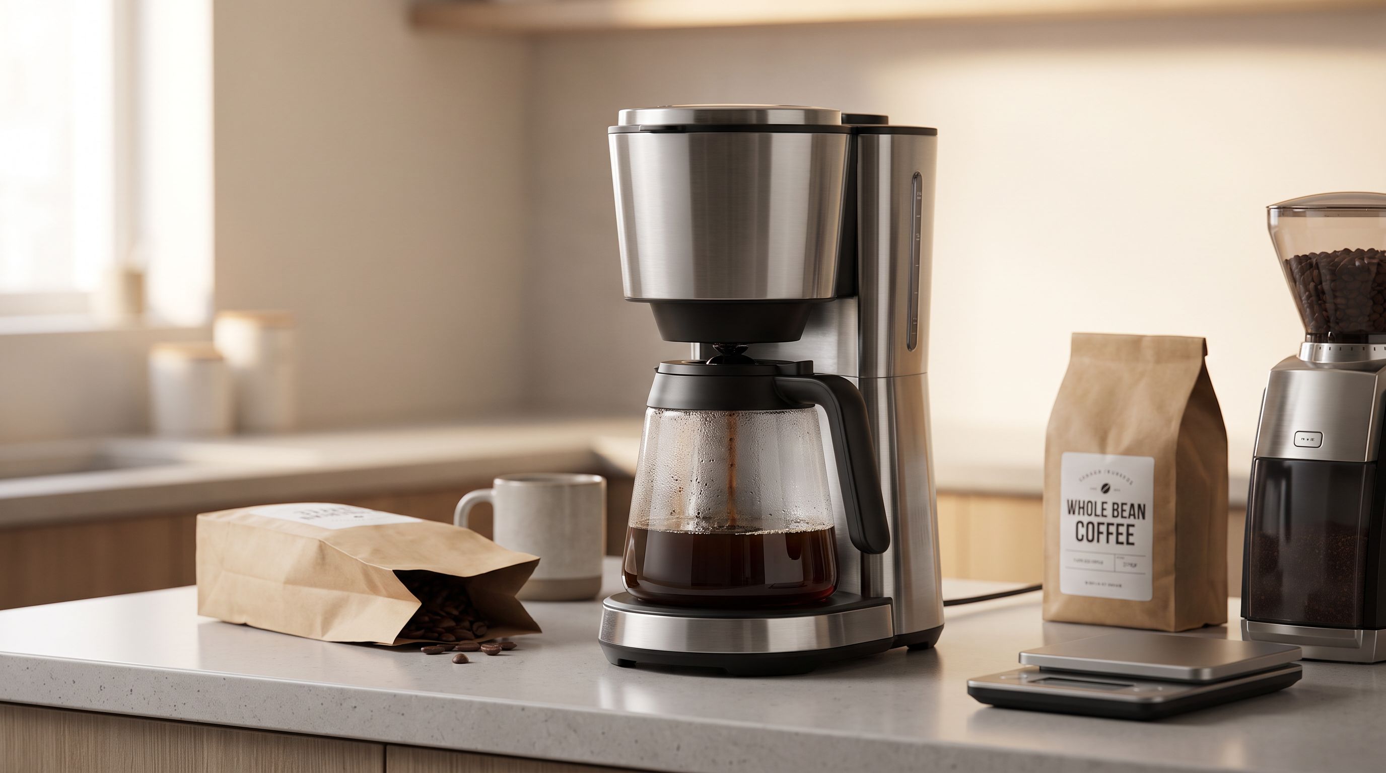 A stainless thermal carafe drip coffee maker brewing into a glass server on a kitchen counter beside a bag of whole beans and a burr grinder