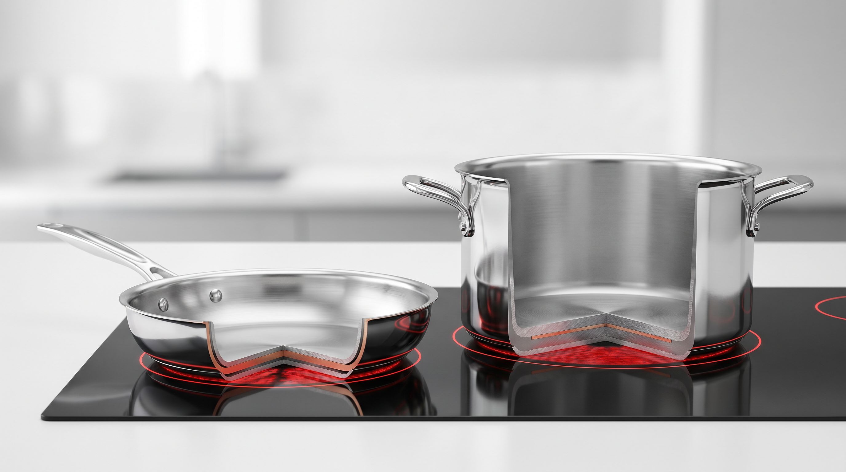 Cutaway view of a tri-ply stainless frying pan beside a thick disc-bottom stainless stockpot on an induction hob