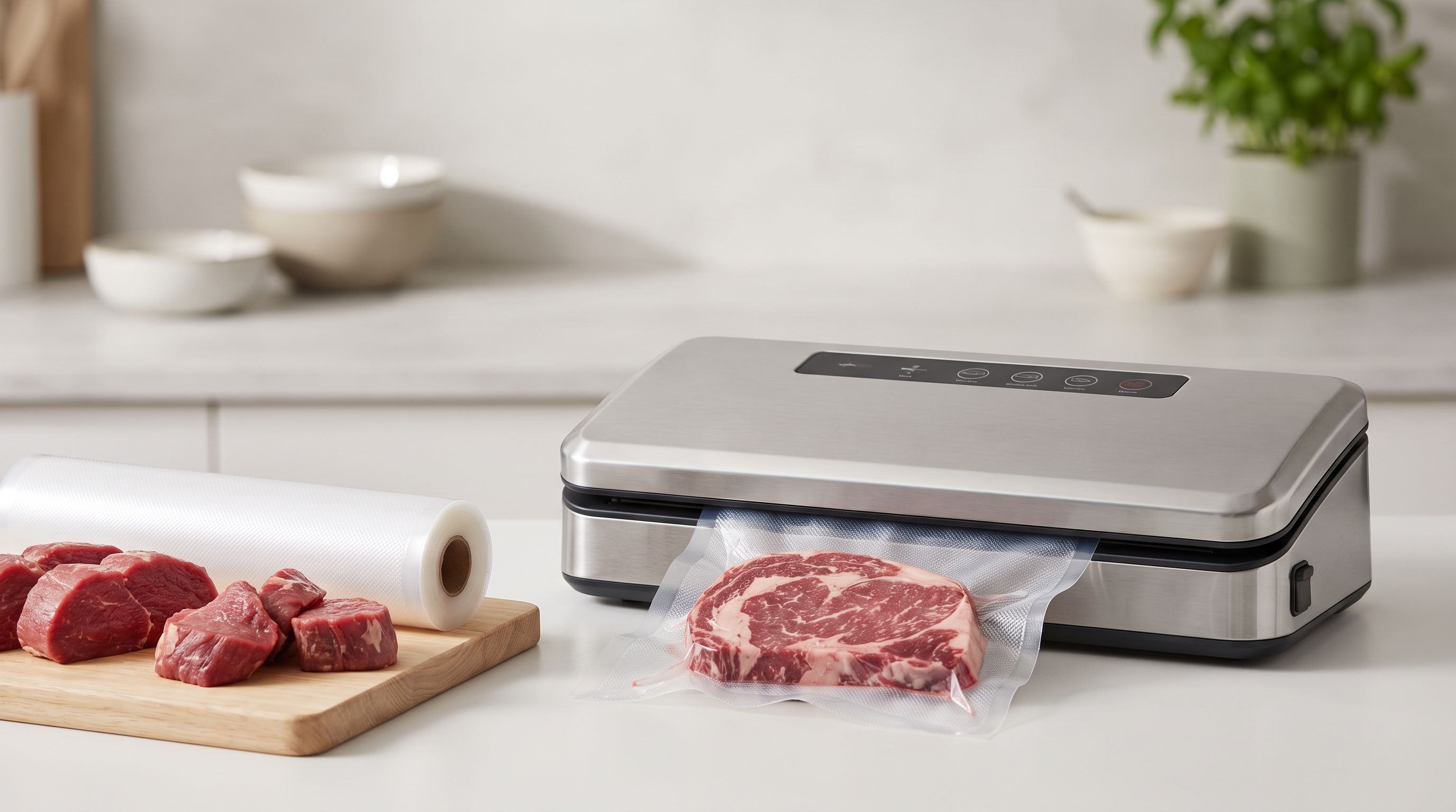A countertop vacuum sealer sealing a bag of raw steak next to rolls of embossed vacuum bags and portioned meat on a cutting board