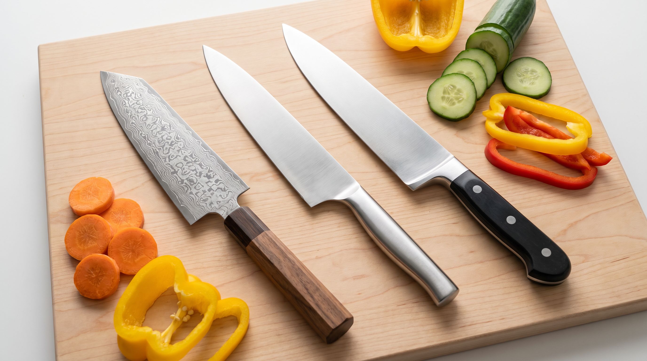 Three chef's knives with different blade steels — a Damascus-clad Japanese blade, a satin-finished stainless blade and a forged German blade — laid on a maple cutting board next to sliced vegetables