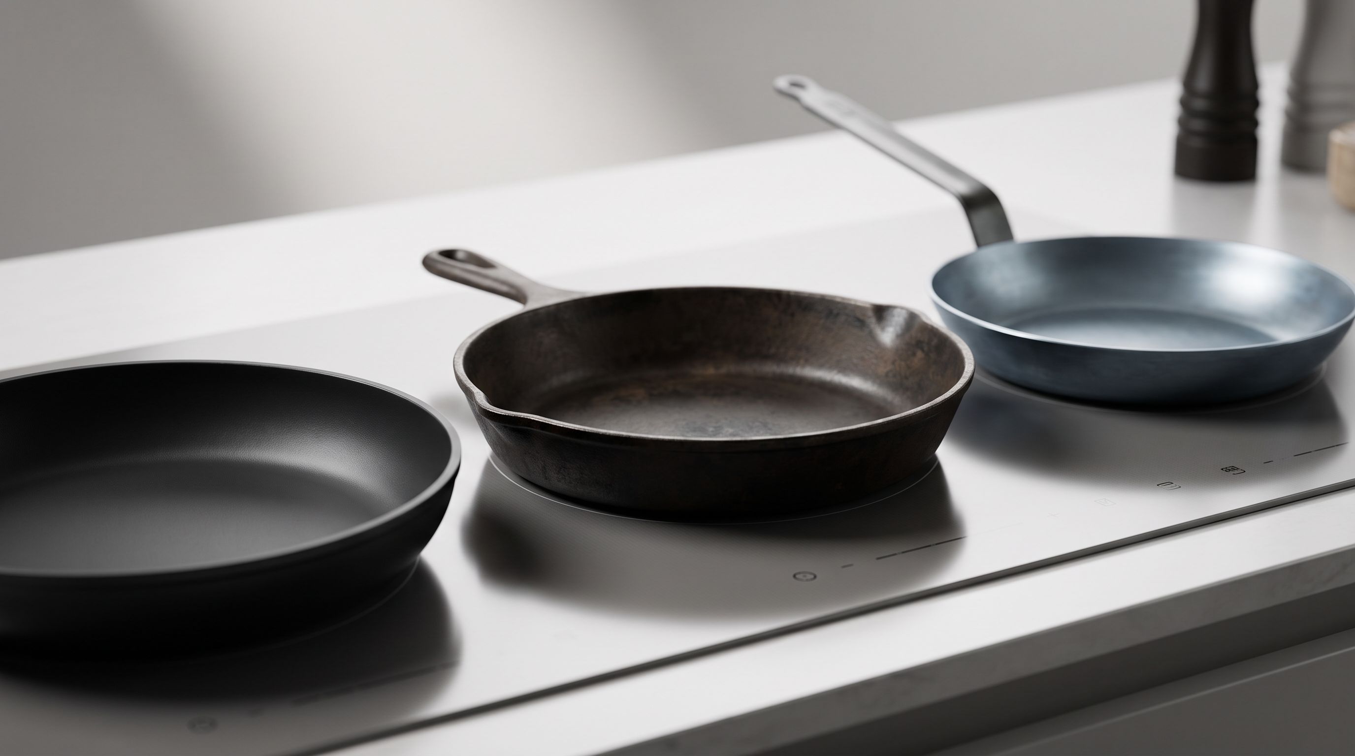 Three skillets side by side on a stovetop — a black nonstick pan, a seasoned cast iron skillet, and a lighter carbon steel frying pan