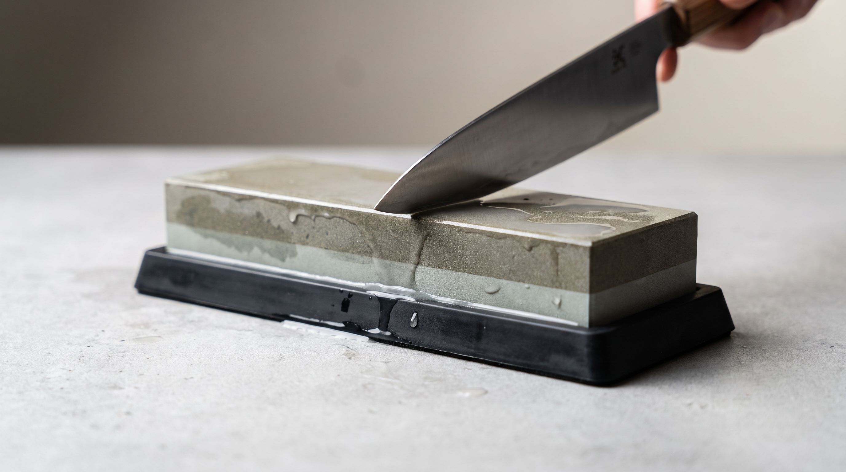 A water-soaked combination whetstone on a rubber base with a chef's knife held at a sharpening angle, water pooling on the stone surface