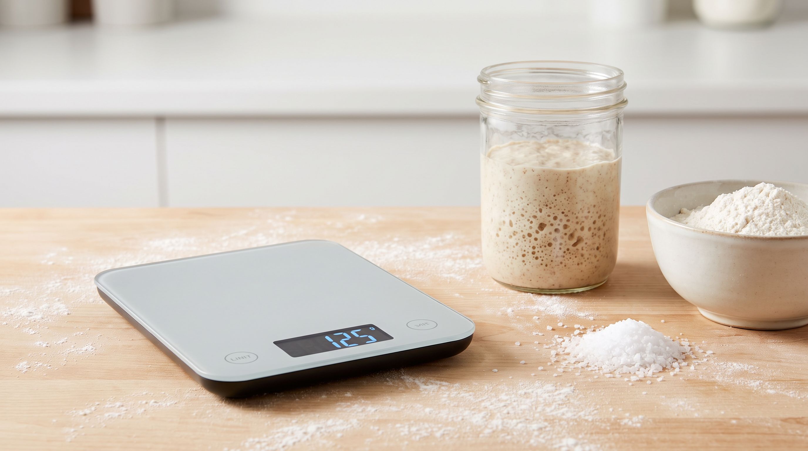 A digital kitchen scale on a floured counter displaying a weight in grams next to a bowl of sourdough starter, flour and a small pile of salt